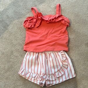 Coral Ruffle Top and Striped Shorts Set